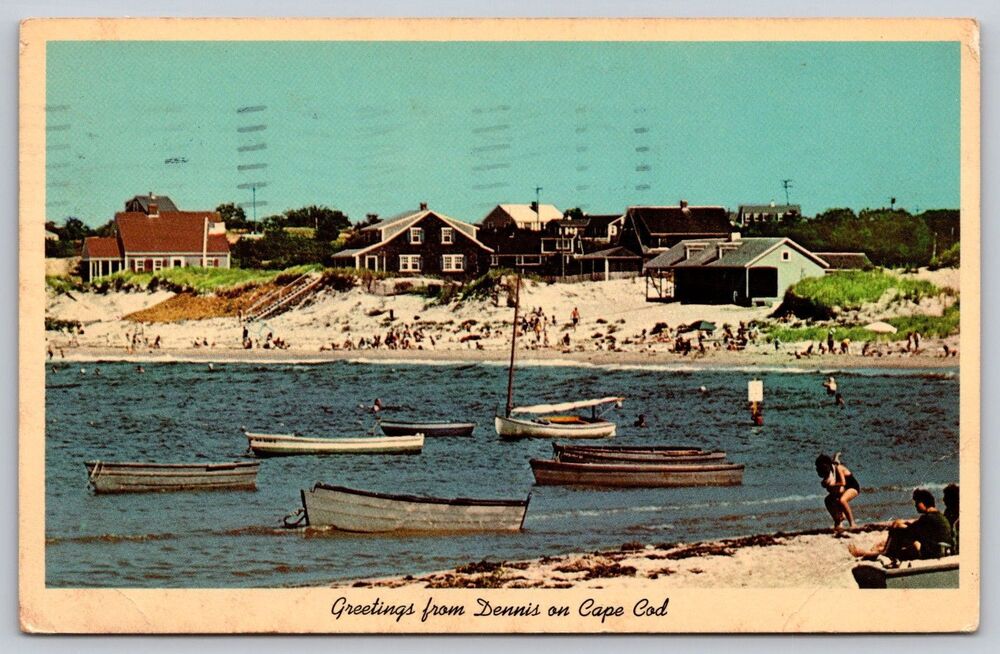 Vintage Cape Cod Postcard Dennis MA Corporation Beach Cottages 1985 Posted Boats